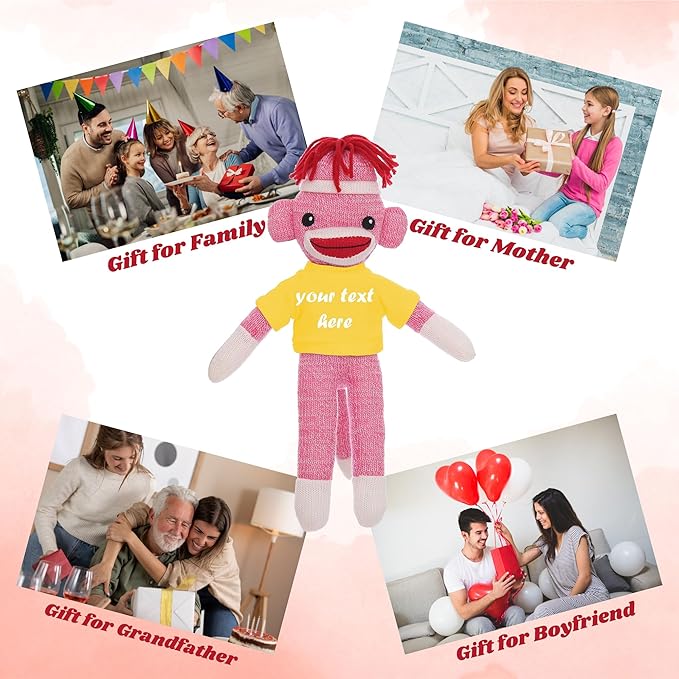 Huggable Pink Sock Monkey 8 Inch, Plush Stuffed Animal Personalized Gift-Custom Text on Shirt-Perfect for Halloween Day, Valentine's Day, Graduation Day, or Birthday Present (Yellow)