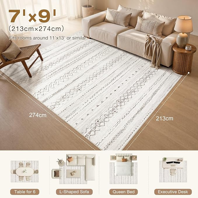 cotiled 7x9 Area Rugs Living Room Rug: Washable Boho Rugs with Non Slip Backing Large Soft Indoor Stain Resistant Carpet for Bedroom Farmhouse Dining Room Lightweight Home Decor Brown