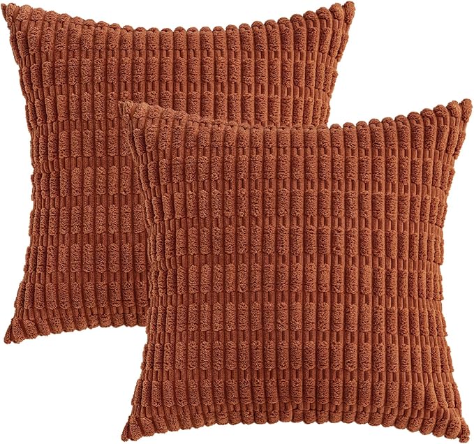 MIULEE Fall Decorative Throw Pillow Covers 18x18 Dark Rust Pack of 2 | Terracotta Soft Corduroy Boho Striped Pillow Covers Modern Farmhouse Autumn Home Decor For Sofa Living Room Couch Bed