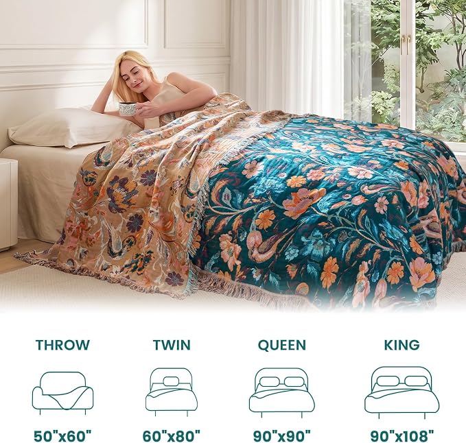 MSGKV Boho Throw Blanket 50"x60" Cotton Birds Floral Blanket for Couch | Muslin Throw, Birds Floral Pattern, Reversible Woven, Lightweight Comfort, Farmhouse Decor, All Seasons, Machine Washable