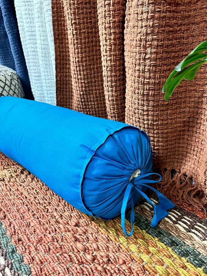 Round Bolster Cover Cervical Neck Roll Cotton Pillowcase for Cylindrical Pillow with Drawstring Closure Neck Pillow case 6" x 18" (15 x 45 cm) Turqouise Blue