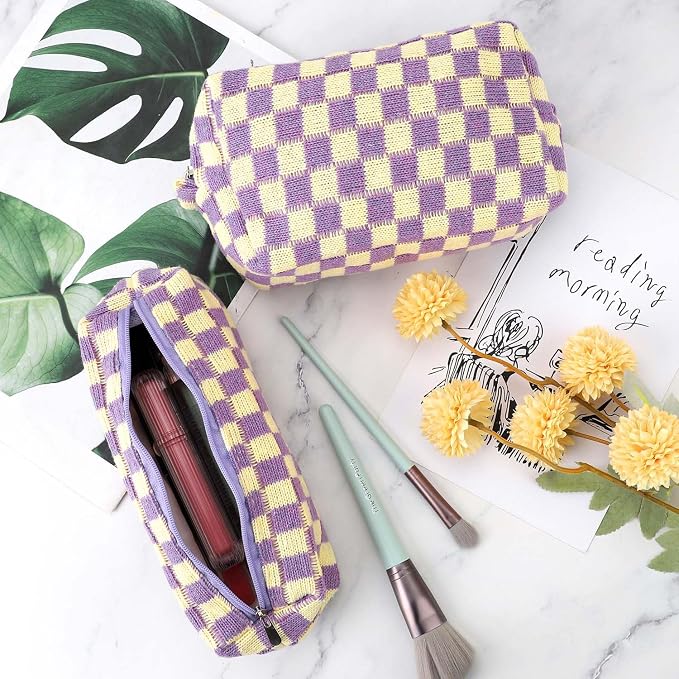 3 Pcs Makeup Bag Checkered Cosmetic Bag Large Capacity Traveling Toiletry Pounch Organizer Cute Makeup Brushes Aesthetic Accessories Storage Bag for Girls Women (Purple-White)