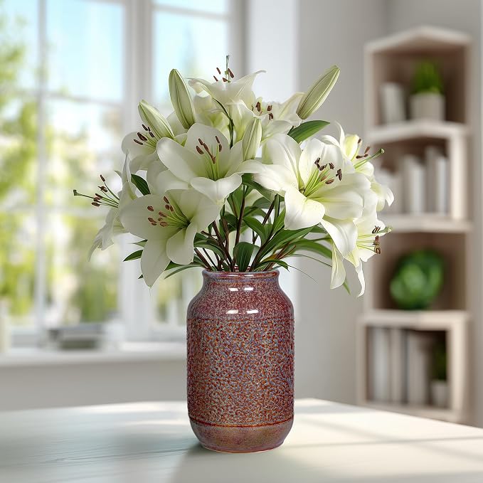Brown Ceramic Vase for Home Decor - 9 Inch Farmhouse Pottery Vase for Pampas Grass, Decorative Vases for Flowers, Farmhouse Decor, Kitchen, Mantle, Fall Decoration