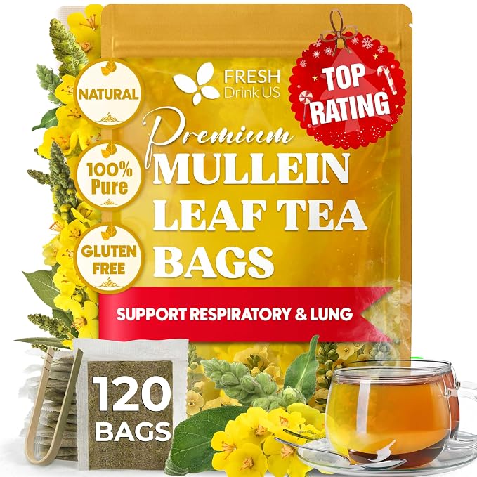 FreshDrinkUS, Premium 120 Mullein Leaf Tea Bags For Lung, 100% Natural & Pure from Mullein Leaves. Loose Leaf Mullein Herbal Tea. Made with Natural Material Tea Bags. No Sugar, No Caffeine, No Gluten, Vegan.