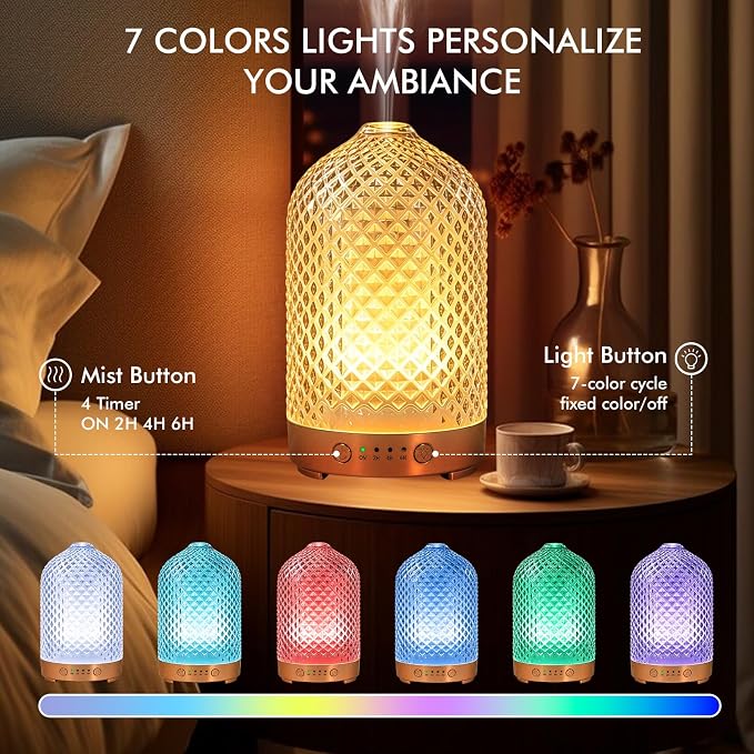 Essential Oil Diffuser for Home- 200ml Aromatherapy Diffuser for Essential Oils with 4 Timer, 7 Color LED Lights Waterless Auto Shut-Off for Home Office Décor Gifts for Women