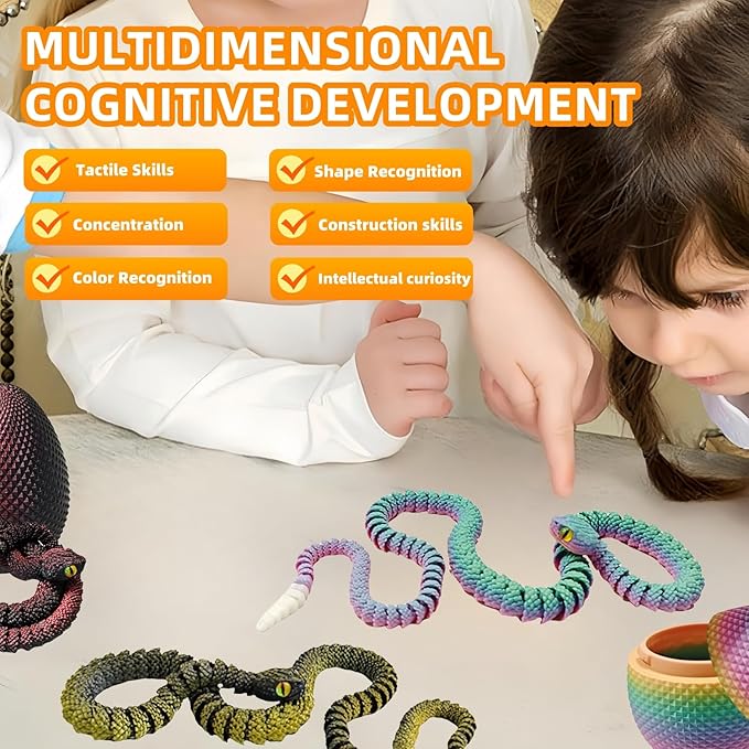 3D Printed Snake with Egg Set - 23.23Inch Flexible Articulated Snake with Luminous Tail, 3D Printed Animal Fake Snake Fidget Toys for Kids & Adults (Multicolored)