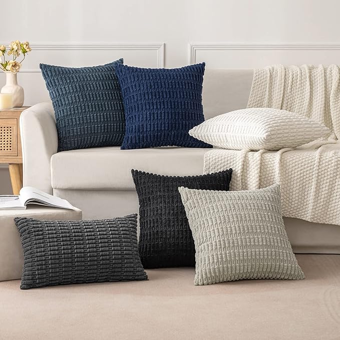 MIULEE Euro Sham Corduroy Decorative Throw Pillow Covers 24x24 Black | Pack of 2 Soft Boho Striped Pillow Covers Modern Farmhouse Home Decor For Sofa Living Room Couch Bed