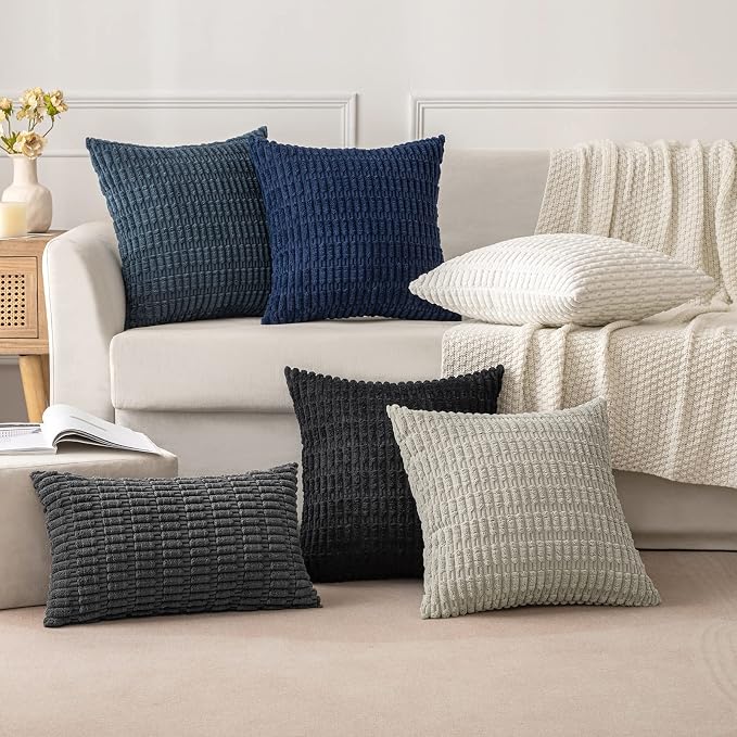 MIULEE Corduroy Decorative Throw Pillow Covers 16x16 Navy Blue Pack of 2 | Soft Boho Striped Pillow Covers Modern Farmhouse Coastal Home Decor For Sofa Living Room Couch Bed