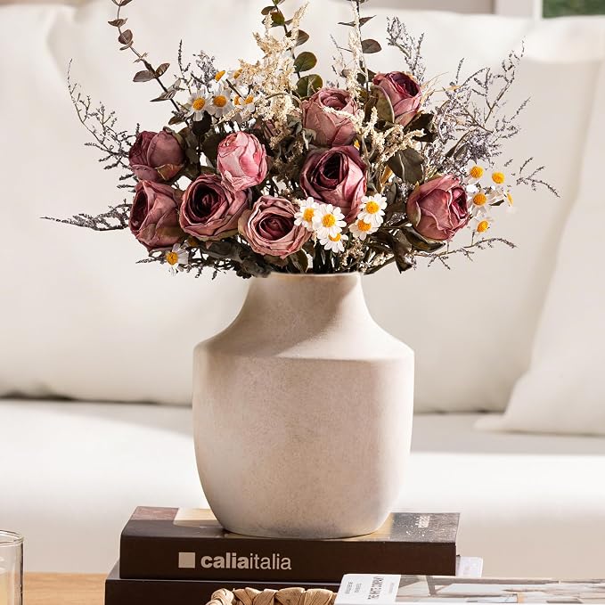 Mitt&Ditt Ceramic Flower Vase, 7.5 inch Off-White Farmhouse Rustic Vase, Handcrafted Weathered Pottery Vases, Small Flower Terracotta Vases for Home Decor, Living Room, Table, Shelf