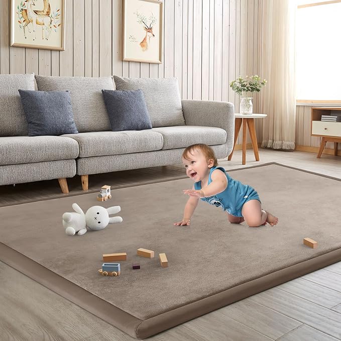 Baby Play Mat for Floor Nursery Rug Muscle Mat Area Rug Playroom Rug 79"x138" Playpen Mat Elastic Foam 1.3" Thick Crawling Mat for Babies,Toddlers, Infants, Kids,Camel