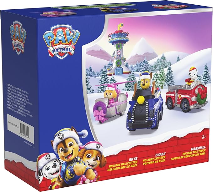 Paw Patrol Holiday Vehicle Bundle, Holiday-Themed Chase, Marshall & Skye Action Figures & Rescue Vehicles, Kids Toys for Boys & Girls Ages 3 & Up