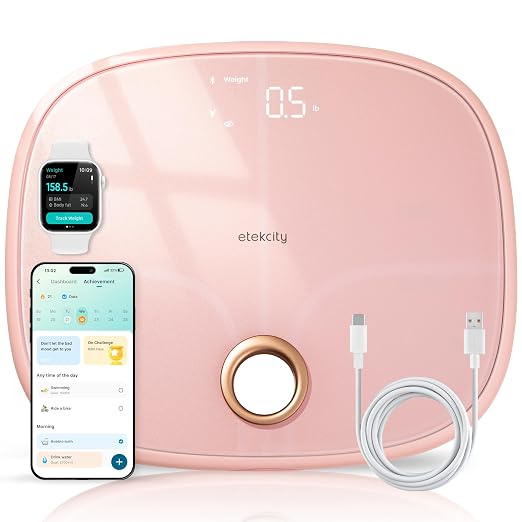 Etekcity Rechargeable Pink Smart Scale for Body Weight, BMI, Fat, Muscle Mass, Digital Bathroom Scale with 13 Metrics, Secret Mode, Bluetooth Connect to Free Apps, Cotton Candy Pink
