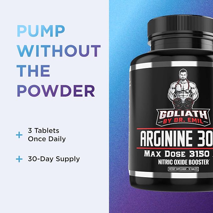 DR. EMIL NUTRITION Goliath Arginine 3000 - High-Dose Nitric Oxide Booster - Supports Blood Flow, Muscle Growth & Endurance - Workout Pump & Circulation Support - 90 Tablets