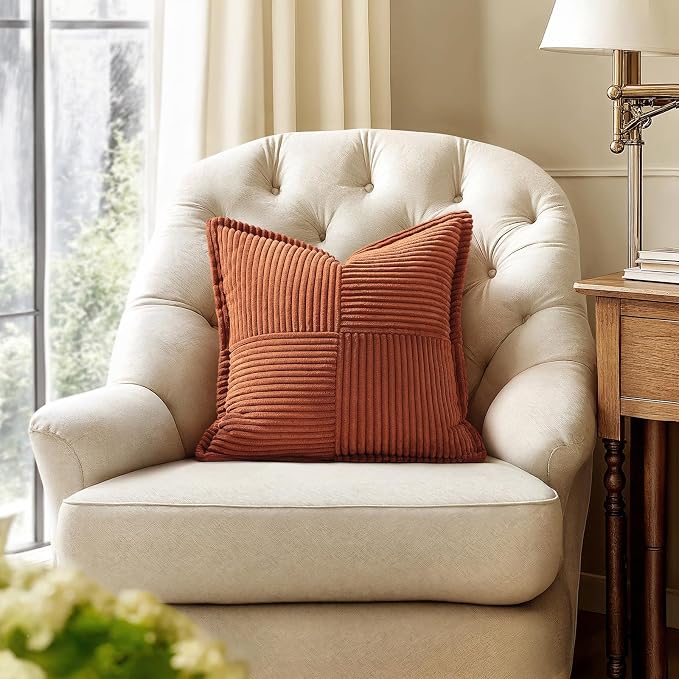 MIULEE Fall Rust Decorative Throw Pillow Covers for Couch 18x18 Inch | 2 Pack, Terracotta Boho Broadside Striped Patchwork Pillow Covers, Soft Corduroy Cushion Cases, For Sofa Bed Livingroom
