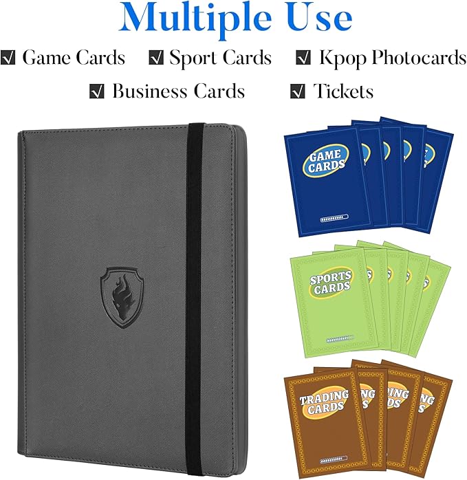 Premium 9 Pocket Card Binder for 360 Cards, Fabmaker PU Cover Trading Card Binder, Sturdy Card Collection Album, Sleek Card Holder Folders for Game Cards & Sports Cards, Grey