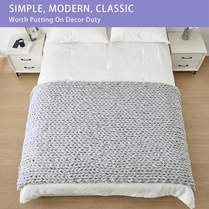 Bigacogo Chunky Knit Throw Blanket for Couch, 40x80 inches, Light Grey | Hand Knit with Jumbo Chenille, Soft Breathable Cable Knit for Sofa Bed Living Room, Machine Washable, Gift for Mom Friend