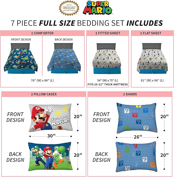 Super Mario Bros Kids Bedding Super Soft Cozy Comforter and Sheet Set with Sham, 7 Piece Full Size Nintendo Gamer Bed Set, (100% Officially Licensed Product) by Franco