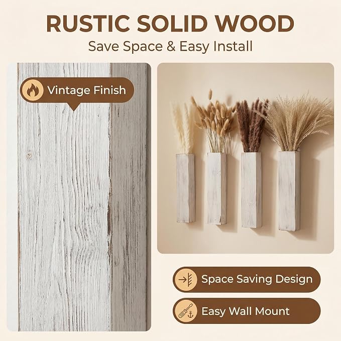 4-Piece Wooden Hanging Wall Vase Set with Pampas Grass and Eucalyptus Dried Flowers, Modern Farmhouse Home Decor for Living Room Entryway Bathroom Hallway Dining Room（Vintage White）
