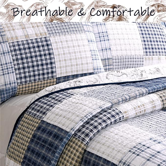 Cozy Line Home Fashions Benjamin Cute Dinosaur Plaid Navy Blue White Grey Bedding Quilt Set 100% Cotton Reversible Coverlet Bedspread Set for Kids Boy(Twin - 2 Piece)
