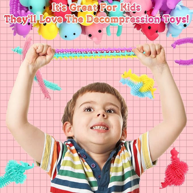 Chivao 150 Pack Bulk Stretchy String Fidget Toys Animal Sensory Toys for Kids and Adults Colorful Fidget Worm Stress Anxiety Relieve Party Favors Goodie Bag Fillers Birthday Gifts (Animal Style)