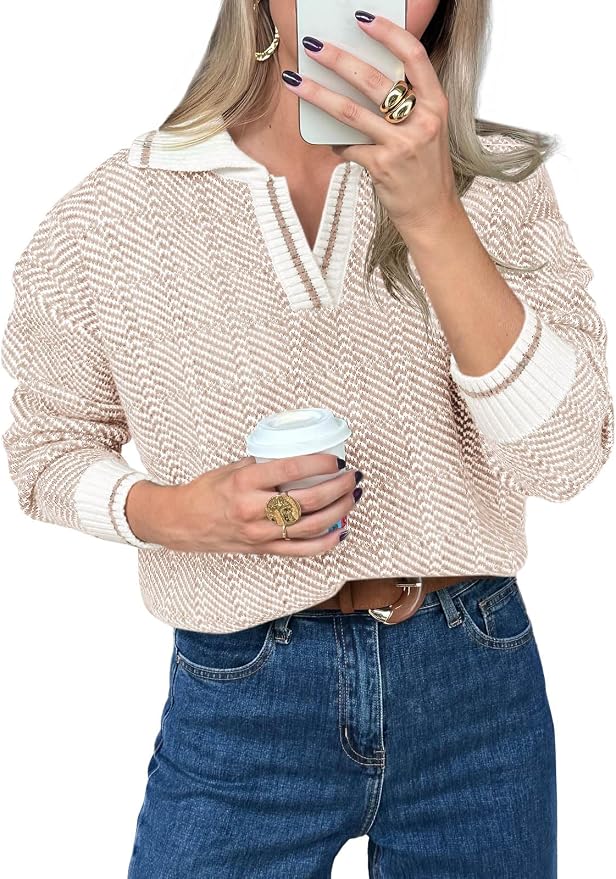 Saodimallsu Womens Fall Sweaters Tops Lapel V Neck Knit Color Block Shirt | Winter,Long Sleeve,Casual,Soft,Pullover,Cozy,Ribbed,Ladies,Chunky,Warm Sweaters,Checkered,Tunic,Work