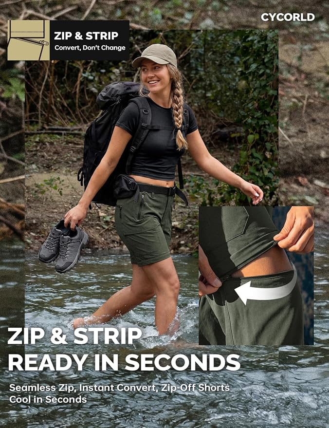 Cycorld Women's-Hiking-Pants-Convertible Quick-Dry-Stretch-Lightweight Zip-Off Outdoor Pants with 5 Deep Pockets