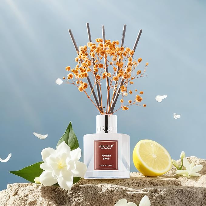 Airkeep Reed Diffuser Set,3.38 fl oz (100 ml) - Flower Shop Oil Diffusers with 8 Reed Sticks, Home Fragrance Reed Diffuser for Bathroom Shelf Decor