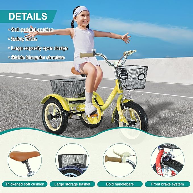 Kids Tricycle with Safety Features, Wide Anti-Skid Tires, Storage Basket, Soft Cushion Seat, Red