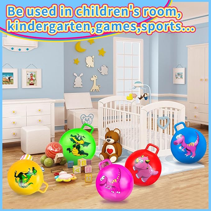 Dinosaur Bouncy Balls with Handle for Kids, 2 Pack Ride On Toy Balls for Kids 3 4-8, 15 Inch Hopper Ball with Air Pump, Jumping Ball School Sports Games Balance Exercise Indoor Outdoor