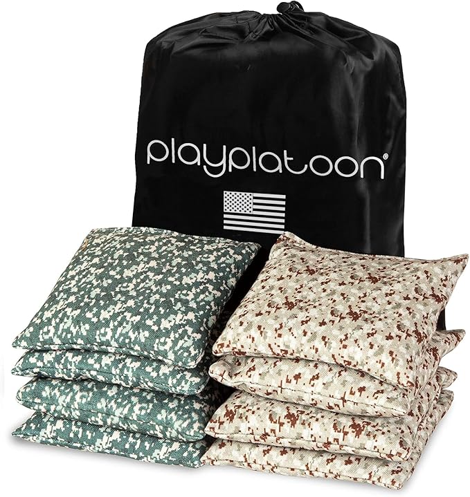 Play Platoon Cornhole Bags Weather Resistant- Set of 8 Regulation Bean Bags for Tossing- Official Professional Size & Weight Corn Hole Bags Two Color All Weather Cornhole Beans Bag Set with Tote Bag