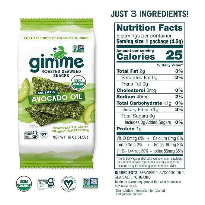 Gimme 6 CT Sea Salt & Avocado Oil Organic Seaweed Snacks, 4.5g, 0.16oz