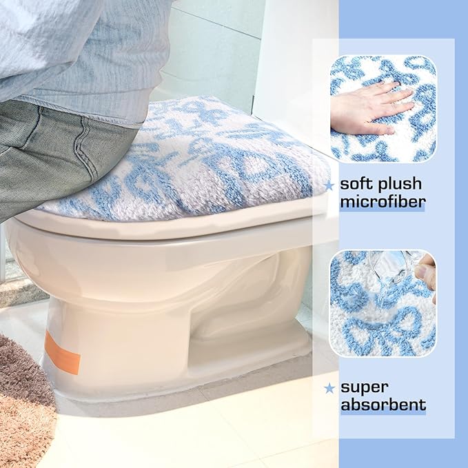 Blue Bow Toilet Lid Cover Washable Coquette Cute Plush Toilet Cover for Bathroom Decor Soft Microfiber 17.5 x 15 Inch Non Slip Rubber Backing Fits Most Round, Elongated
