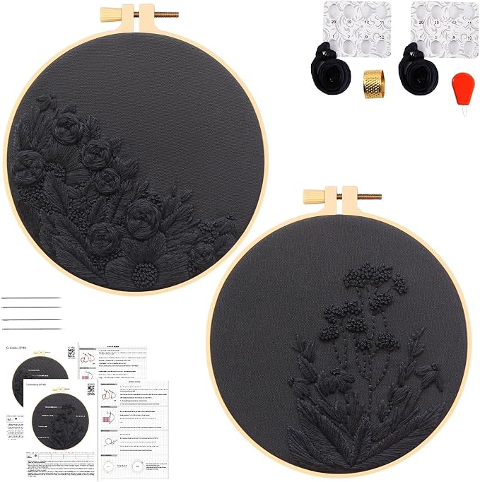 Armindou Black Flowers Embroidery Kits for Beginners Adults, Floral Hand Embroidery Set Needlepoint DIY Kit, Stamped Cross Stitch Kits for Beginners Adult, 2 Embroidery Hoops (Attached Video Tutorial)