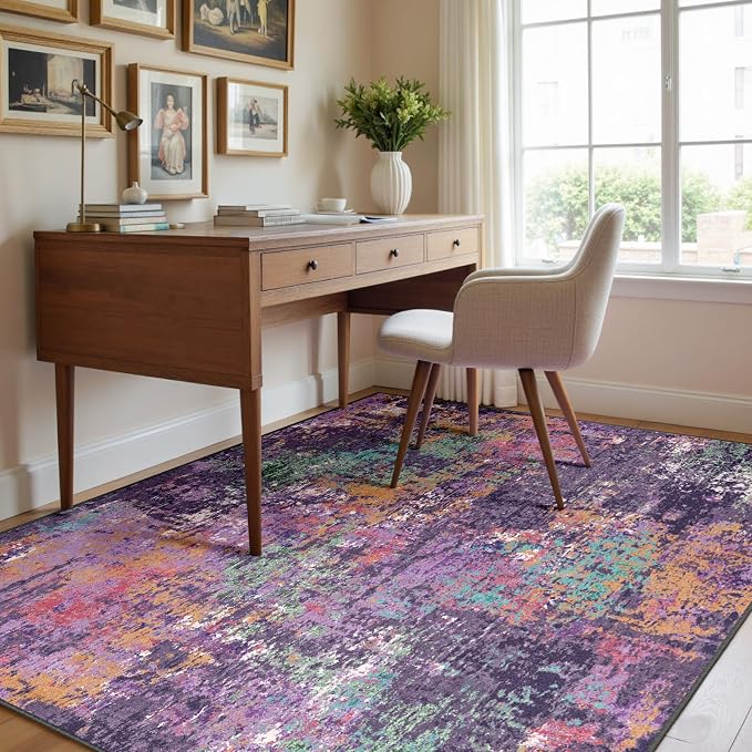 RELEANY Washable Square 8'x8' Area Rug for Living Room Purple Multi | carpet for bedroom, kitchen, office, hallway and entryway, printed pattern, non-slip, soft, stain-resistant, easy to clean