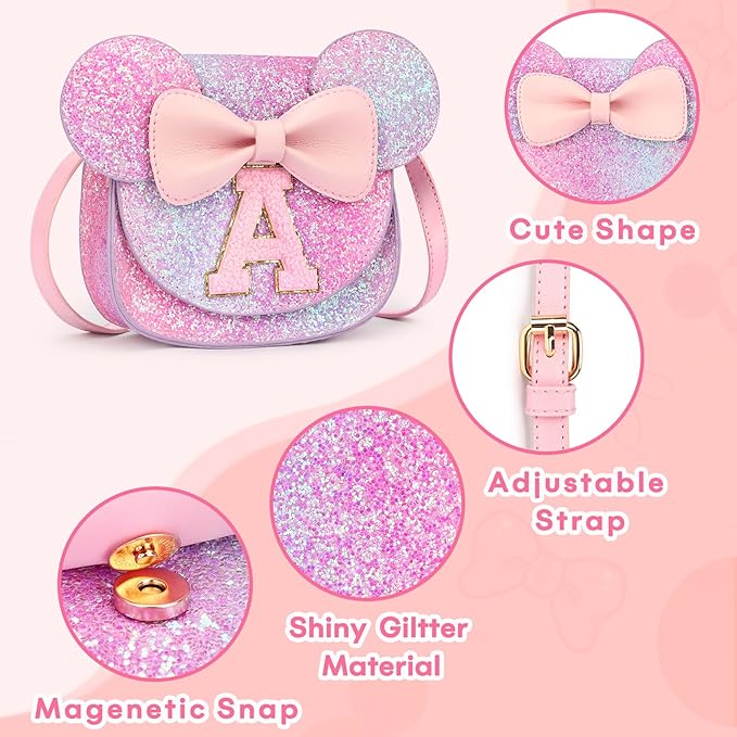 mibasies Toddler Purse Girl Gifts: Girls Birthday Gifts for 3-8 - Toys for Ages 2-4 Girls Mouse Ears Purse, Purple Rainbow, Letter A