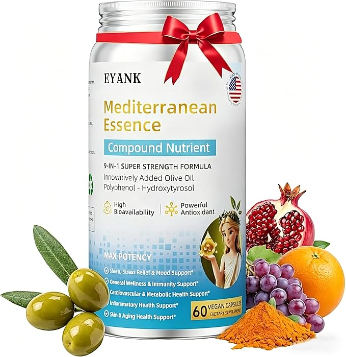 9-in-1 Mediterranean Metabolic Health Olive Leaf Extract Supplement(25% Hydroxytyrosol), USA Made, Antioxidant Supplement for Immune Sleep & Mood Support- 60 Capsules