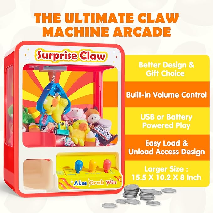 JOYIN Claw Machine Arcade Toy with LED Light & Adjustable Sound, Rechargable Dispenser Toys Mini Vending Machine for Kids - Perfect Christmas & Birthday Big Gifts for Kids, Ages 3+