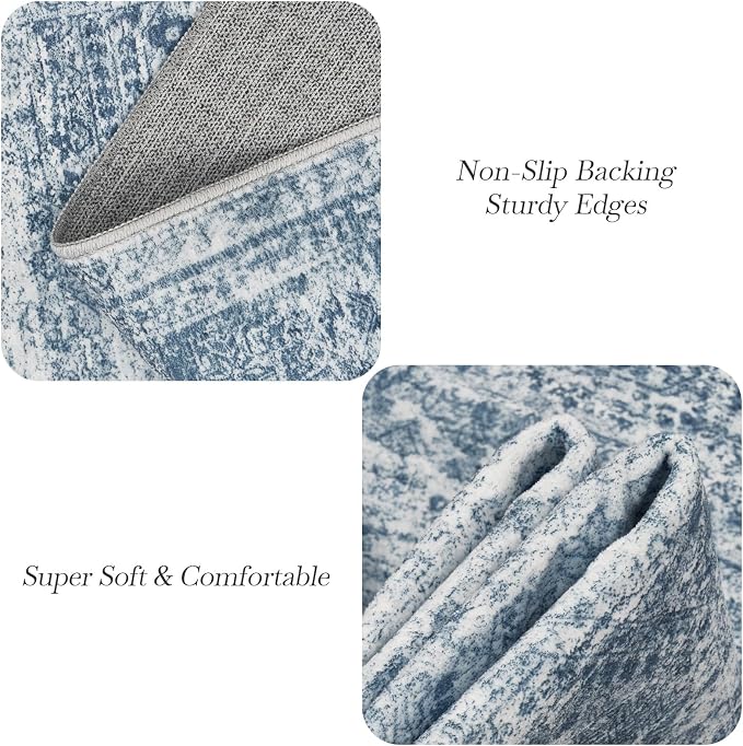 Soalmost Washable Area Rug 8x10 Large Soft Blue Rugs for Living Room | Vintage Non-Slip Carpet for Dining Bedroom, Stain Resistant Low Pile Foldable Lightweight Floor Mat Under Table Home Decor