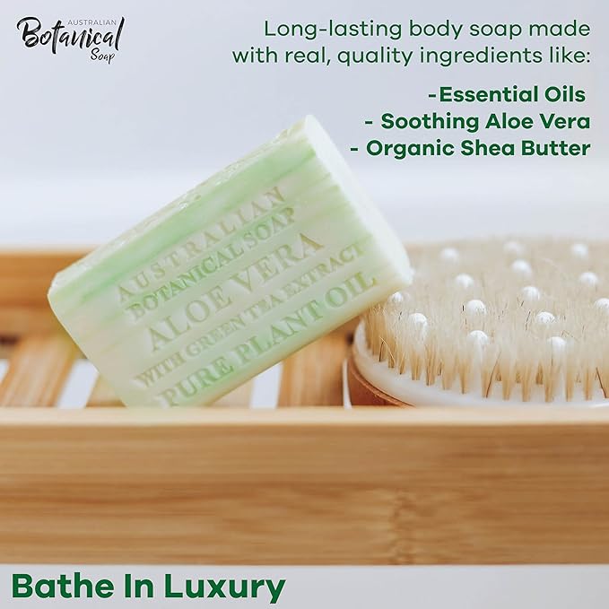 Australian Botanical Soap Aloe Vera with Green Tea Extract – Triple Milled 6.6 oz Bar Soap with Shea Butter, Face Hand & Body Bars, 4 Pack