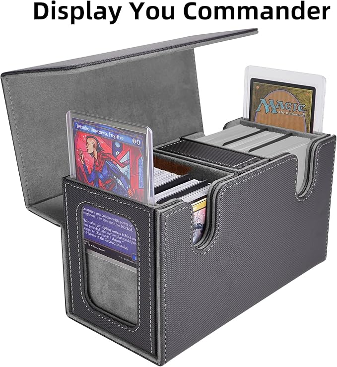 AFIING MTG Commander Card Storage Box - Fits 200 Double Sleeved Cards,3-in-1Card Deck Case,Strong Magnet Card Organizer For Magic Commander TCG CCG,4Dividers &2 Toploaders, Black/Grey