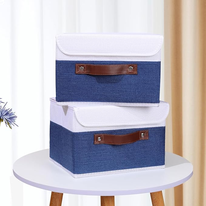 ANMINY Fabric Storage Box Bins with Lids, Blue White, 10"x8"x7", 4 Pack | Keepsake Memory Storage, Cotton Linen, PP Board Reinforced, Washable, PU Handles, Foldable & Stackable, Decorative, Small