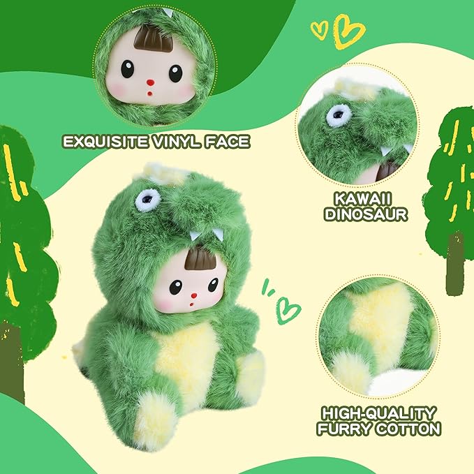 Plush Figure Toys, Plush Toys with Vinyl Face Green Dinasour Shaped for Girls Boys Kids Lovers, Kawaii Cute Vinyl Figurines Doll Stuffed Animals Gifts for Collectibles Home Decor Birthday Christmas
