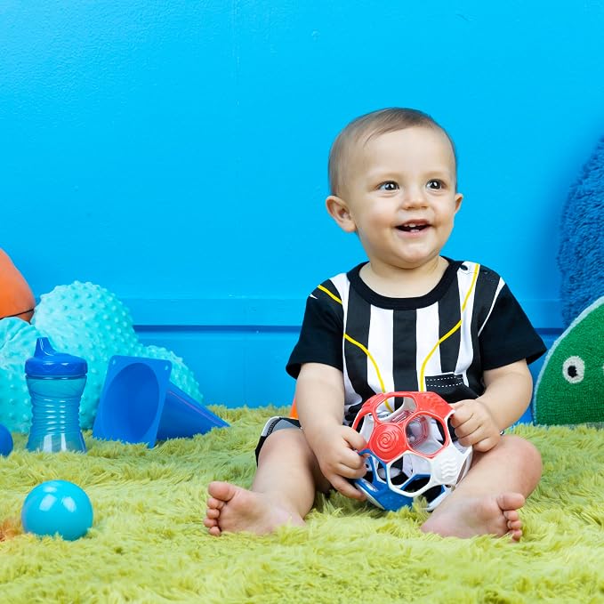 Bright Starts Oball Grippin' Goals Rattle Soccer Ball - Red, White & Blue, Easy-Grasp Toy for Newborn and Up (Pack of 2)