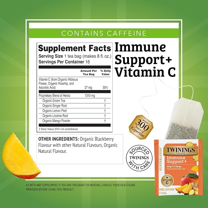 Twinings Superblends Immune Support+ Herbal Tea with Vitamin C, Ginger & Mango Flavoured Green Tea, 16 Tea Bags (Pack of 2), Enjoy Hot or Iced
