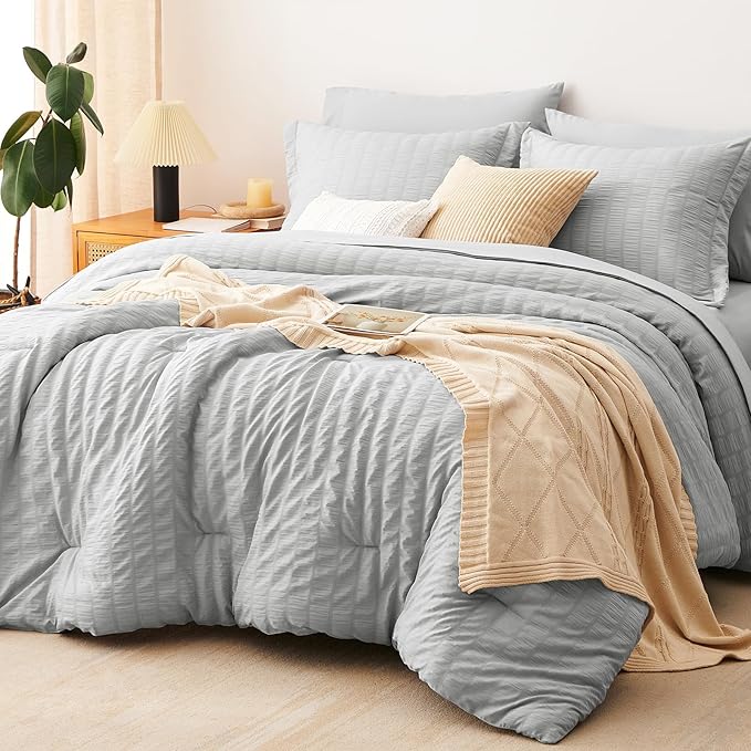 CozyLux Full Size Comforter Sets with Sheets 7 Pieces, Light Grey Seersucker Bed in a Bag Textured Luxury Soft Light Gray Bedding Set Down Alternative Comforter, Sheets, Pillowcases & Shams All Season