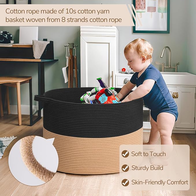 INDRESSME 115L Extra Large Woven Rope Blanket Basket Living Room BlackCamel | 23.6" x 15.7" Storage baskets for toys laundry & pillows. Fits living room, bedroom or nursery décor. Soft-touch with handles