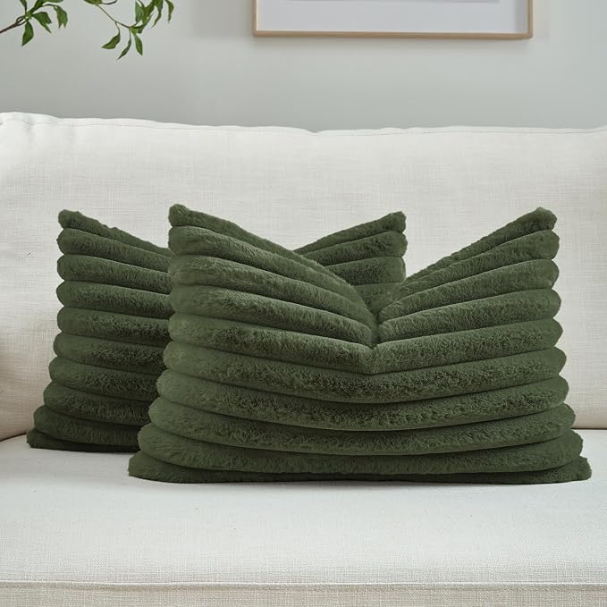 FUTEI Pack of 2 Faux Fur Throw Pillow Covers 12x20 Inch, Olive Green | Fluffy Faux Rabbit Fur Front/Premium Velvet Back,Hidden Zipper,Machine Washable,Non-Shedding,Colorfast,Insert Not Included.