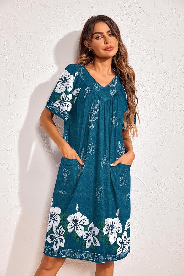 Ekouaer Womens House Dress Floral Print Nightgown with Pockets Mumu Dress