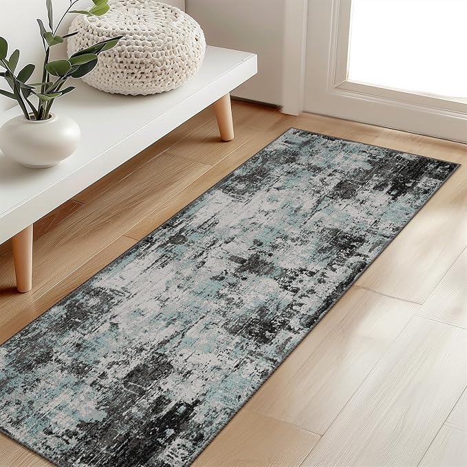 RELEANY Washable Runner 2'x6' Abstract Area Rug for Hallway Teal Black | carpet for kitchen, entryway, bathroom, living room, bedroom, printed pattern, non-slip, soft, stain-resistant, easy to clean