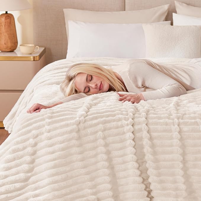 EXQ Home Fleece Blanket Queen Size for Couch or Bed - 3D Stripe Jacquard Decorative Blankets - Cozy Soft Lightweight Fuzzy Flannel Blanket Suitable for All Seasons(90"×90",Beige)